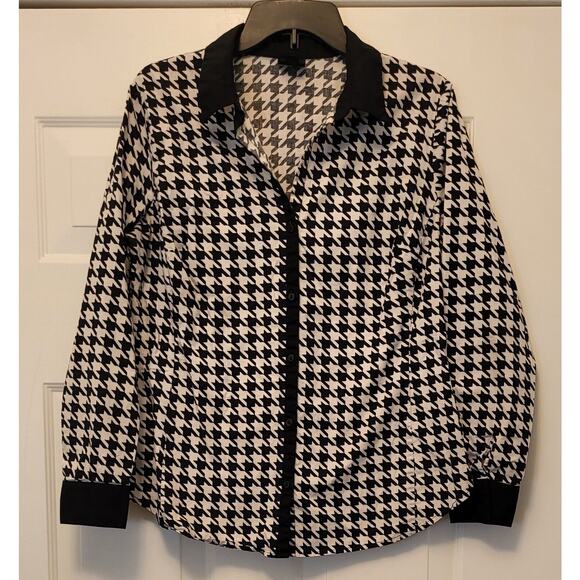 Worthington Houndstooth Top Women's Size 14 Button Up Black/White With Collar - Picture 8 of 9